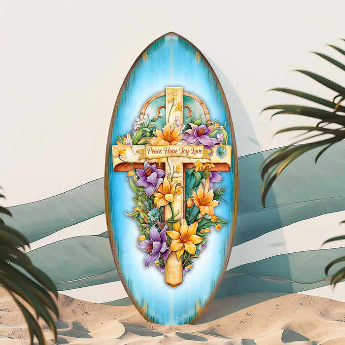 Christian Coastal Wall Decor - Peace Hope Joy Love Cross Surfboard Wall Art – Handcrafted Religious Decor by G.DeBrekht – 8490156HS