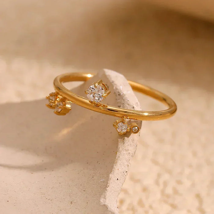 E.B.belle New White Rhinestone Crown Ring Tarnish Free Hypollergenic Stainless Steel Jewelry 18k Gold Plated For Women Girls
