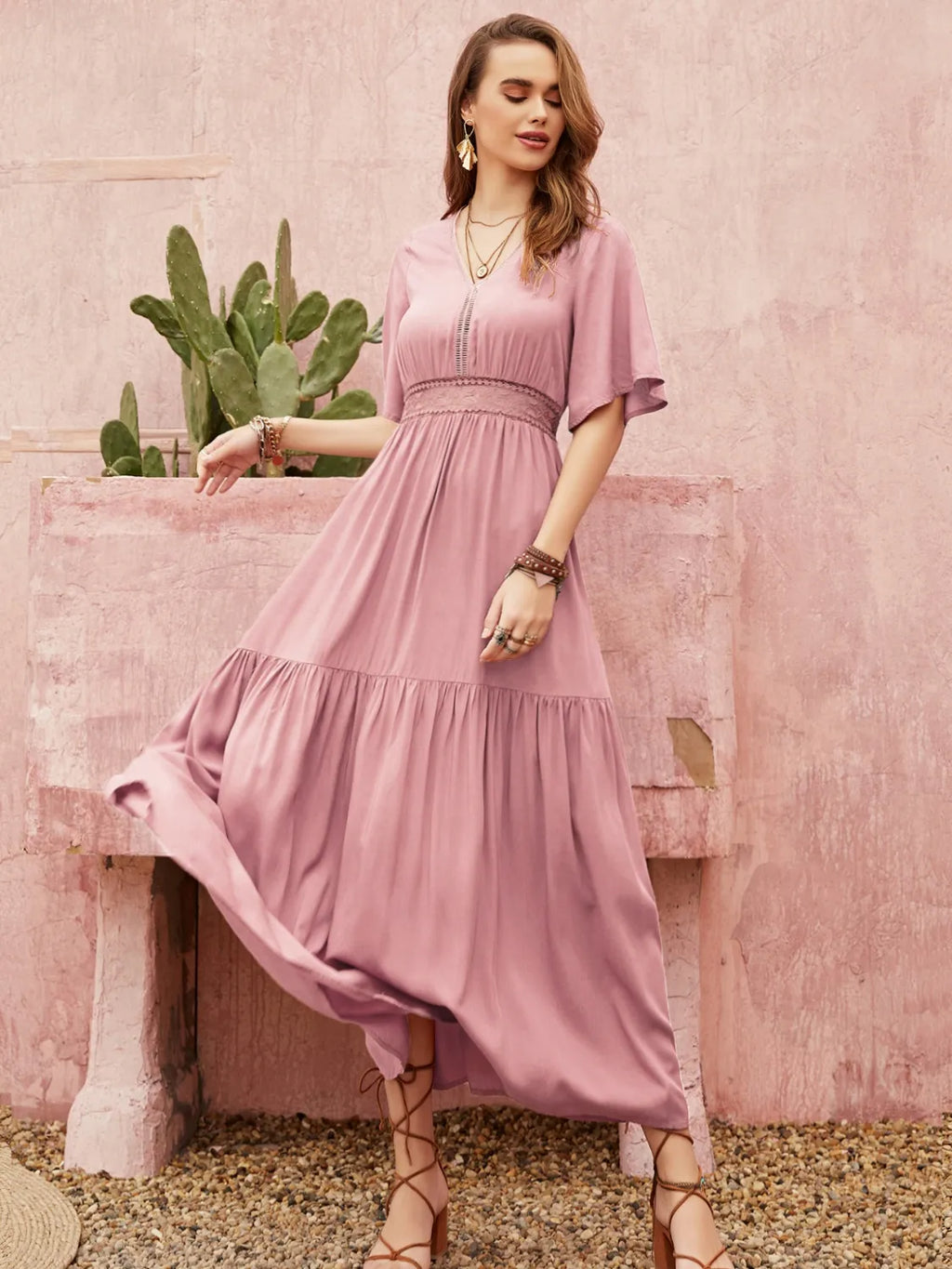 Lace Detail V-Neck Short Sleeve Dress