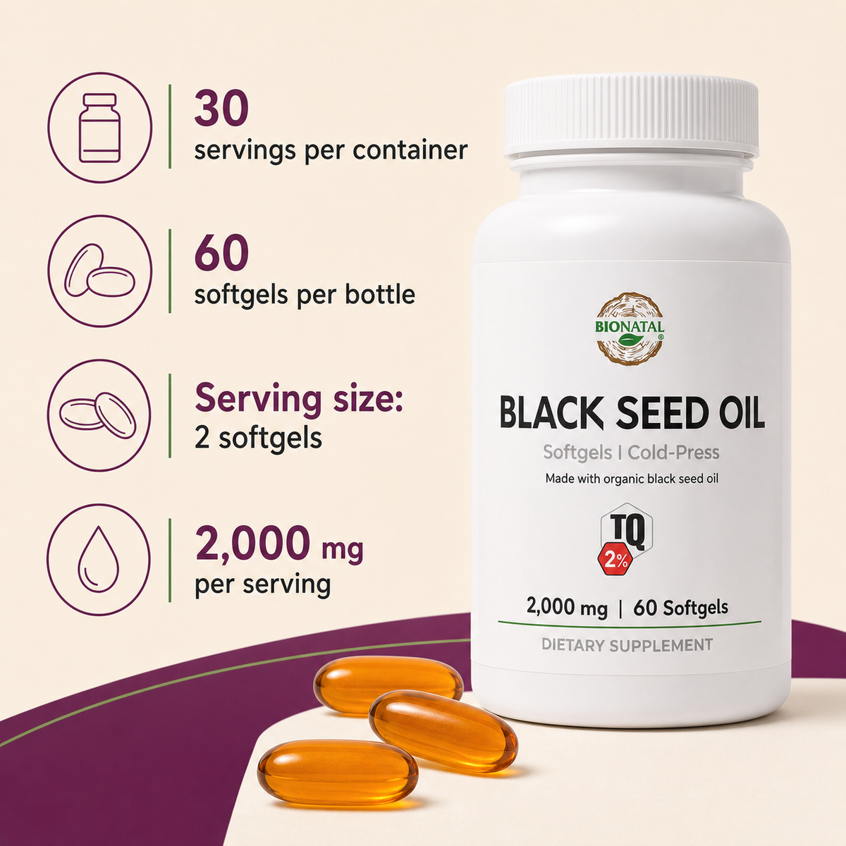 BioNatal Organic Black Seed Oil Softgels 2000mg – 2% TQ