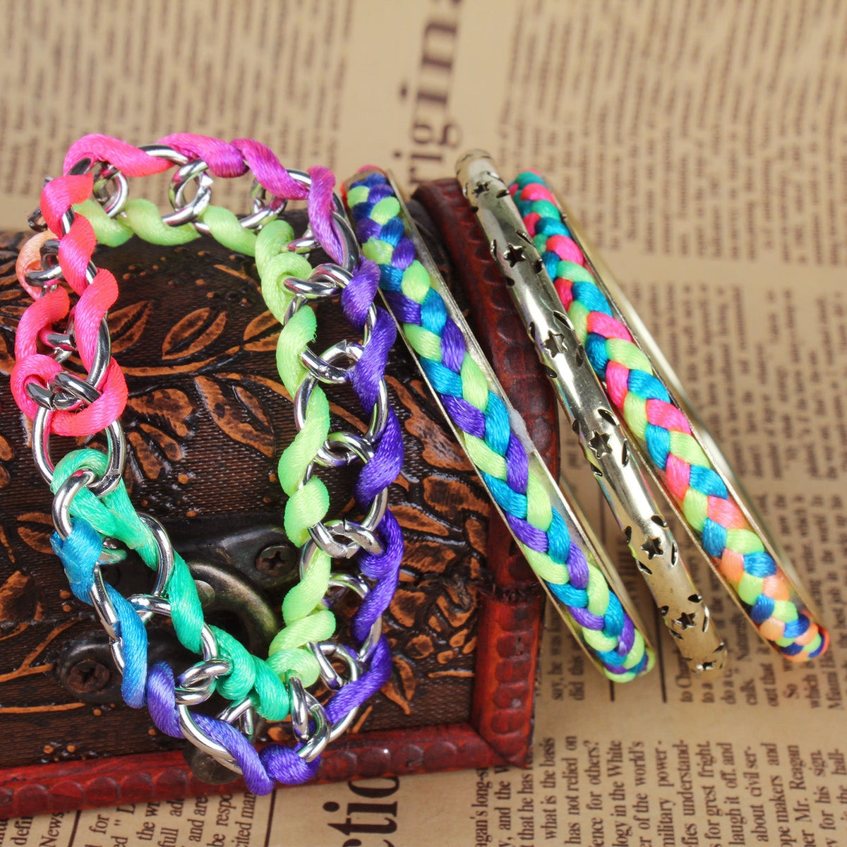 4-Piece Colorful Woven Burnished Gold Bracelet Set