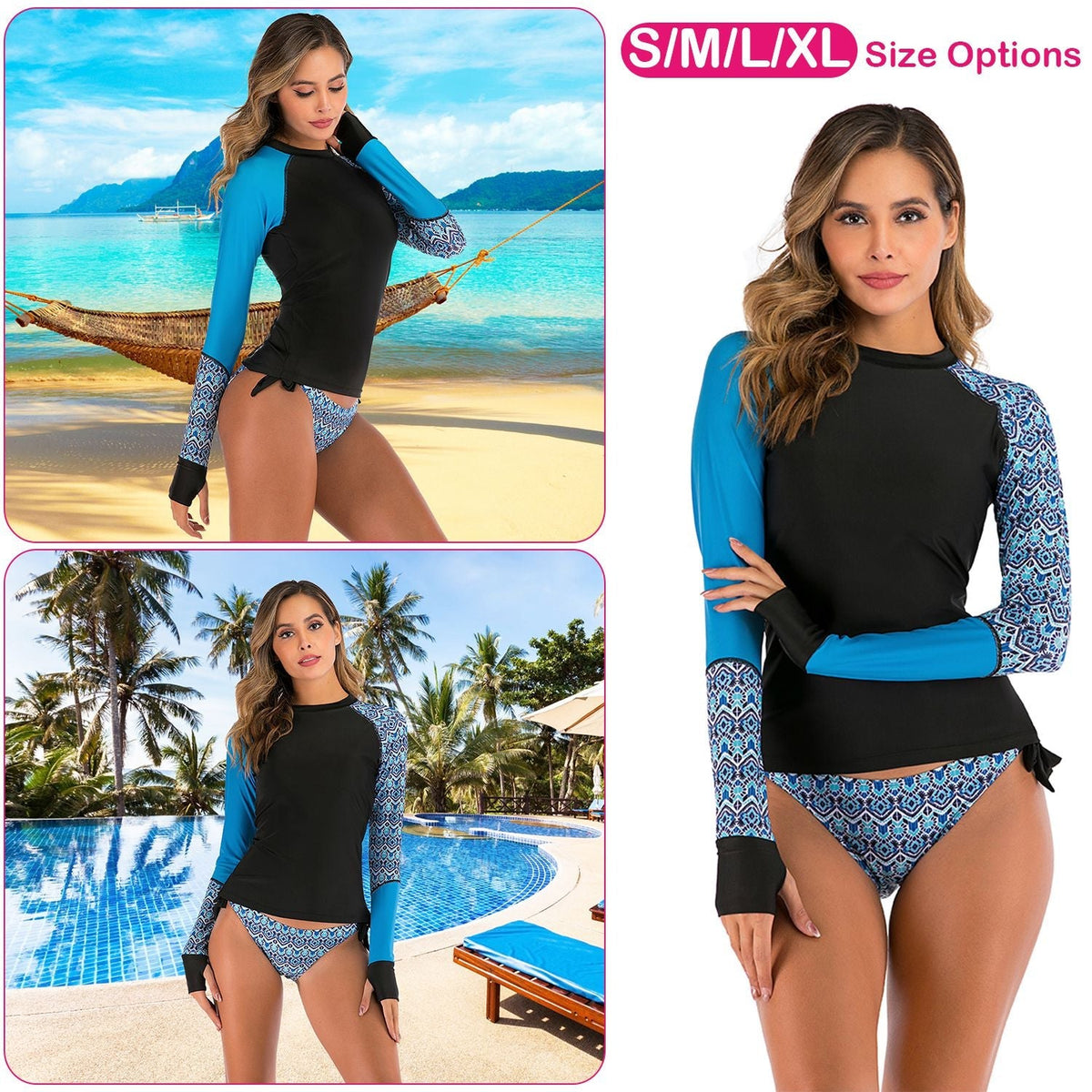 Women 2 Piece Long Sleeve Swimsuit Swim Shirt Bathing Wetsuit Printed Surfing Swimwear Top