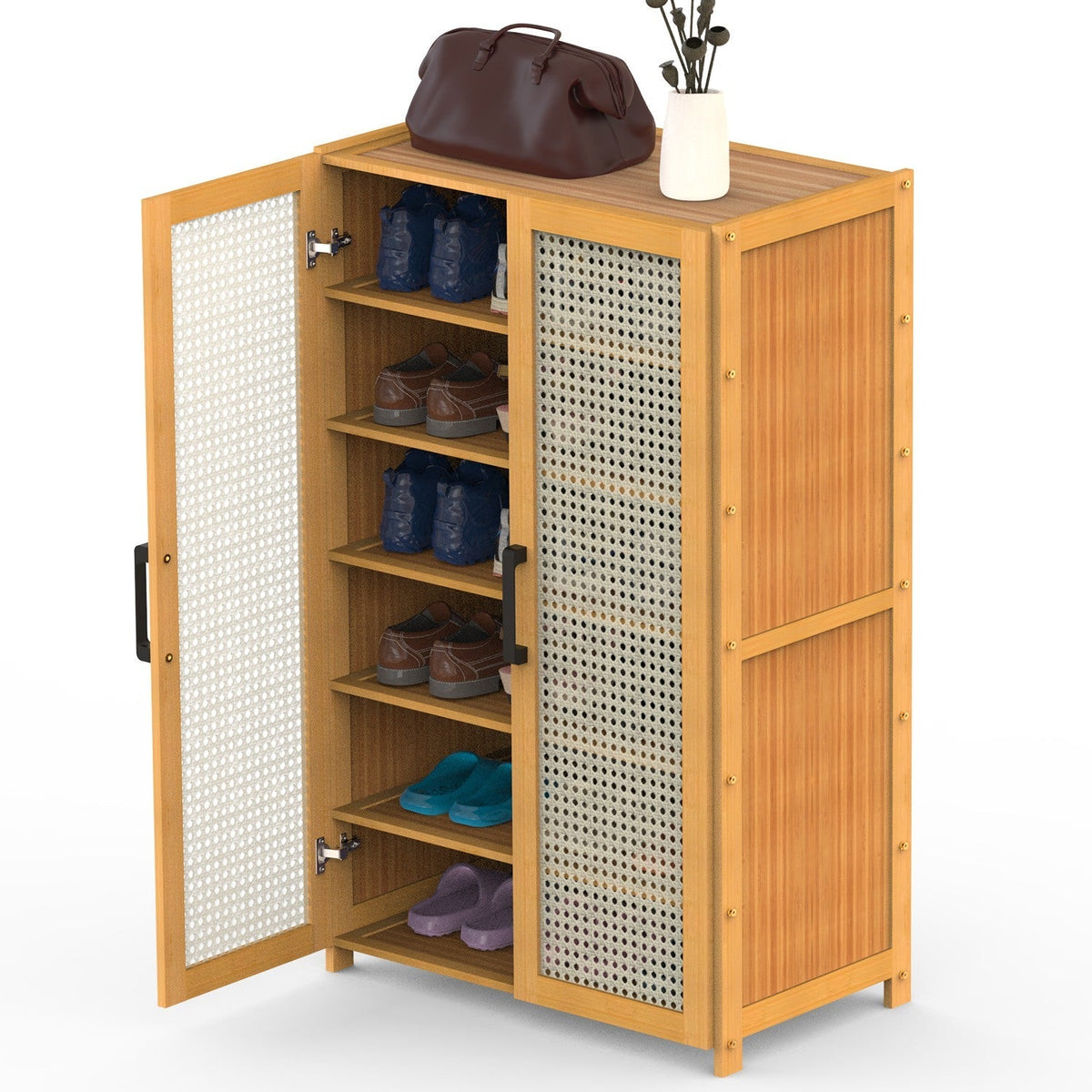 6-Tier Shoe CabinetÊwith Bamboo Shoe Rack Freestanding Shoe Organizer with 2 Hollow Doors and Handles 154lbs Max Load for Closet Hallway Living Room