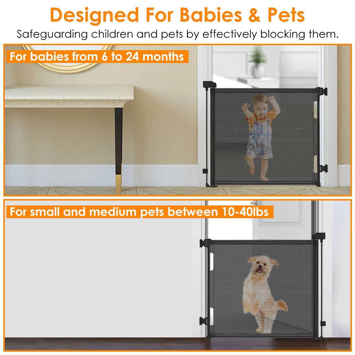 Baby Security Gate Retractable Door Extra Wide Child Safety Stairs Gate 61x34in for Doorway Hallway Indoor Outdoor