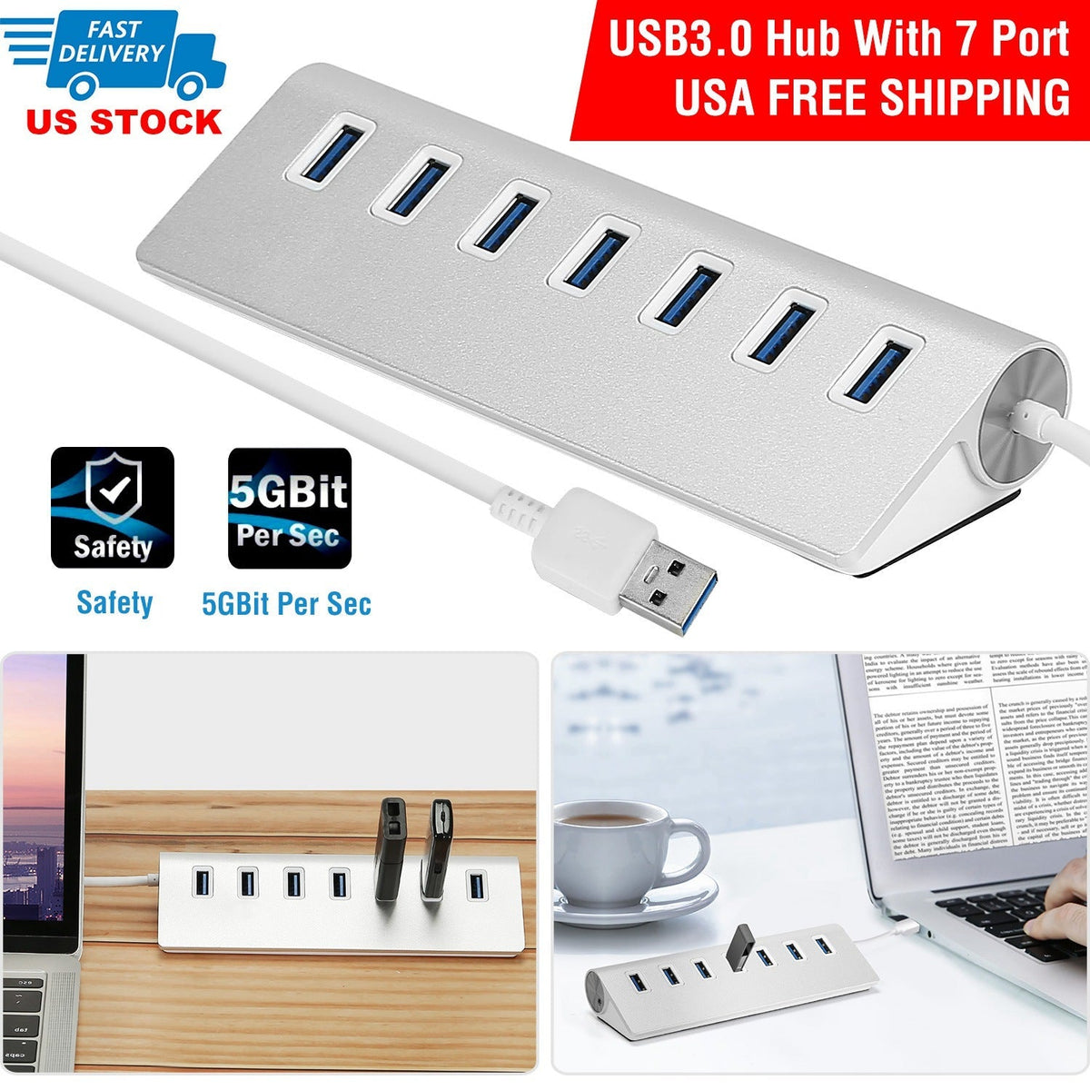 7-Port USB 3.0 Hub Portable Super Speed USB Data Hub with 1ft USB 3.0 Cable for Windows Linux Mac Devices