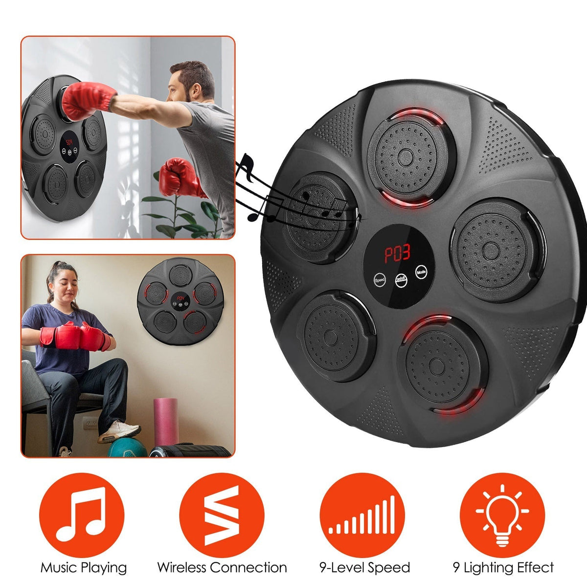 Music Boxing Machine Electronic Wall Target Punching Pad LED Lighted Sandbag Boxing Training Machine Exercise Equipment with Adult Boxing Gloves