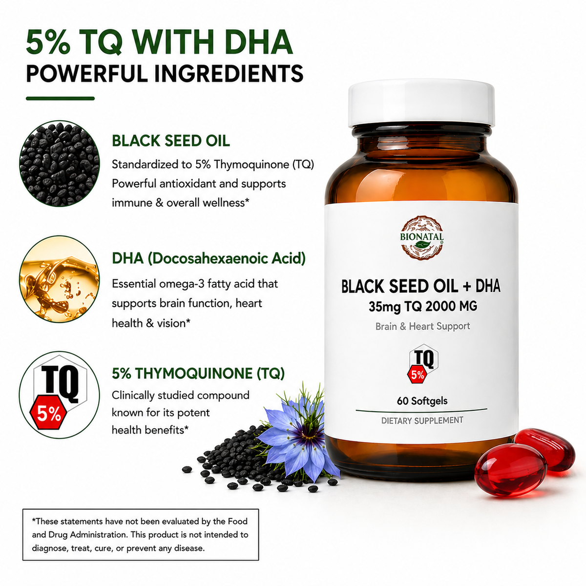 Black Seed Oil + DHA Omega-3, 5% Thymoquinone, 60 Softgels