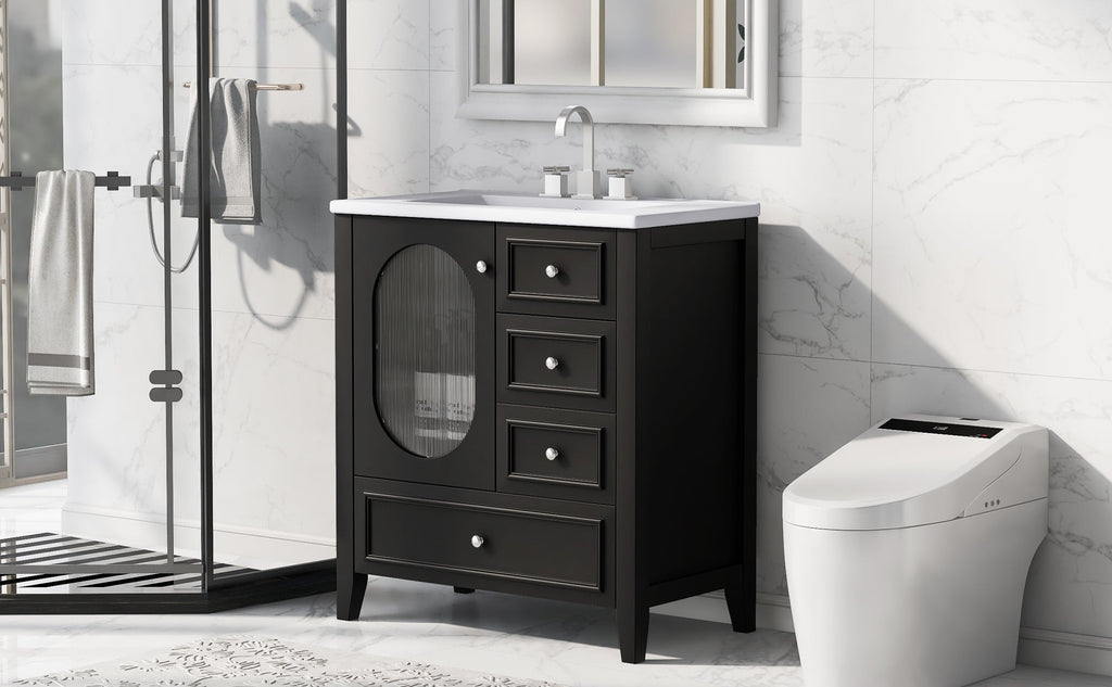 30" Bathroom Vanity with Sink, Bathroom Vanity Cabinet with Three Drawers and Door, Solid Wood and MDF, Black