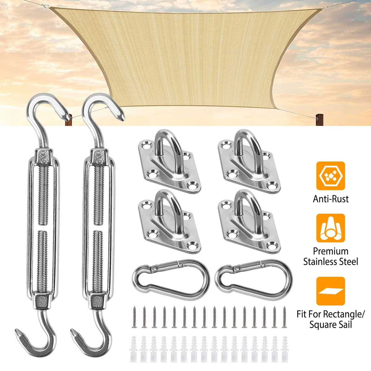 Sun Shade Sail Hardware Kit Stainless Steel Canopy Installation Kit Fixing Accessory for Rectangular Square Shade Sail Installation