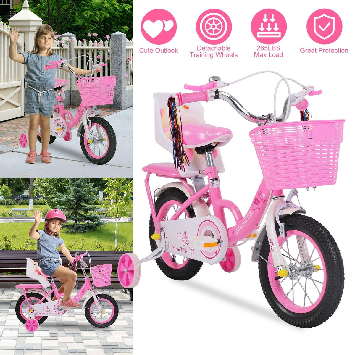 12in Carbon Steel Kid Bike with Backpack Streamers Helmet Detachable Training Wheels