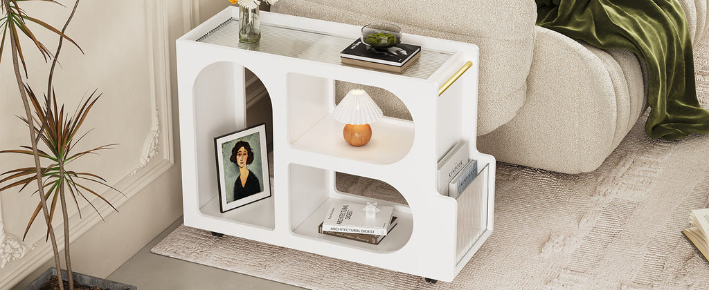 Stylish mobile desk with lockable wheels, white bedside table with 5mm thick grooved tempered glass and gold round bars