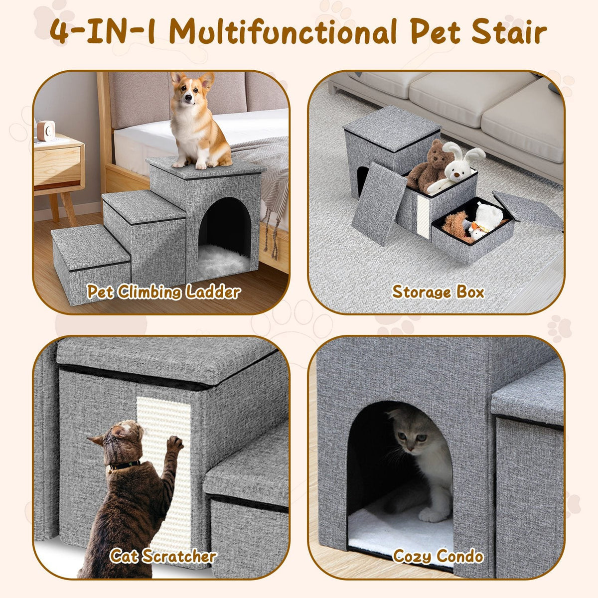 4-in-1 Foldable Pet Stairs with Storage, Scratcher & Pet House