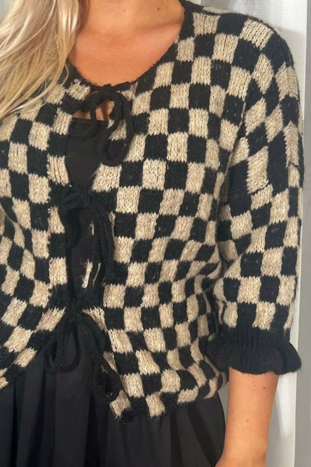 Back To School Sweater - Double Take Tied Checkered Dropped Shoulder Flounce Sleeve Cardigan