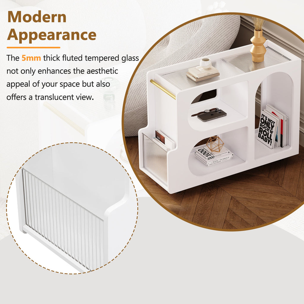 Stylish mobile desk with lockable wheels, white bedside table with 5mm thick grooved tempered glass and gold round bars