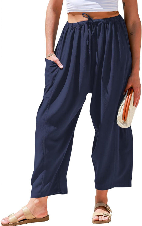 European and American women's elastic waisted pleated high waisted wide leg loose Haren cotton linen pants