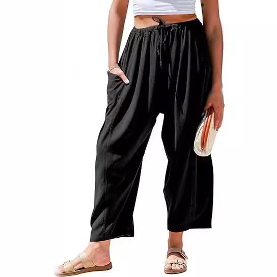 European and American women's elastic waisted pleated high waisted wide leg loose Haren cotton linen pants