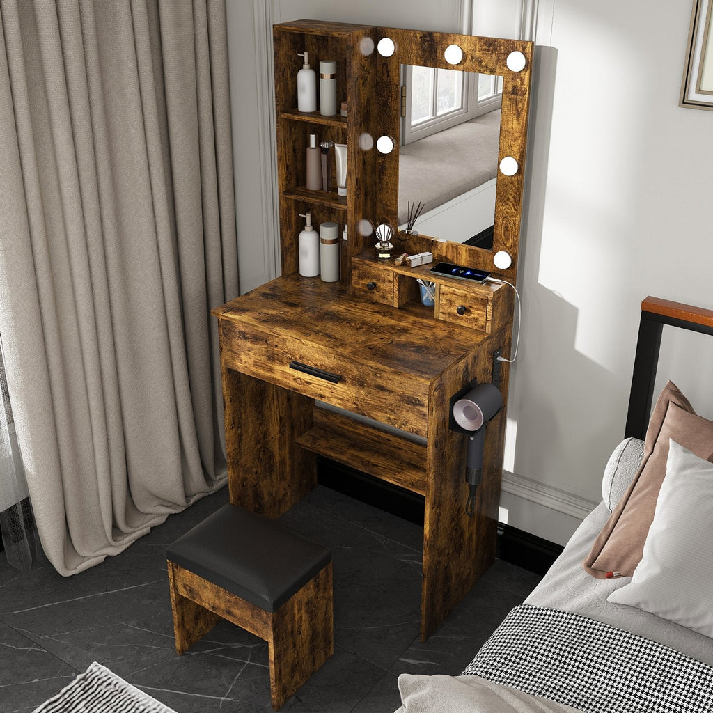 Vanity Desk Set with LED Lighted Mirror & Padded Stool