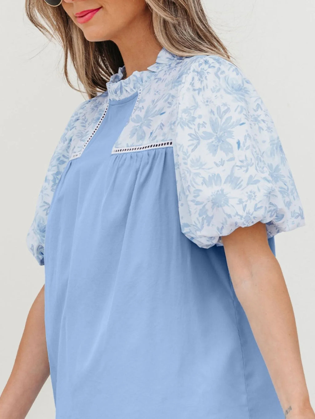 Lace Insert Floral Puff Sleeve Patchwork Loose Blouse