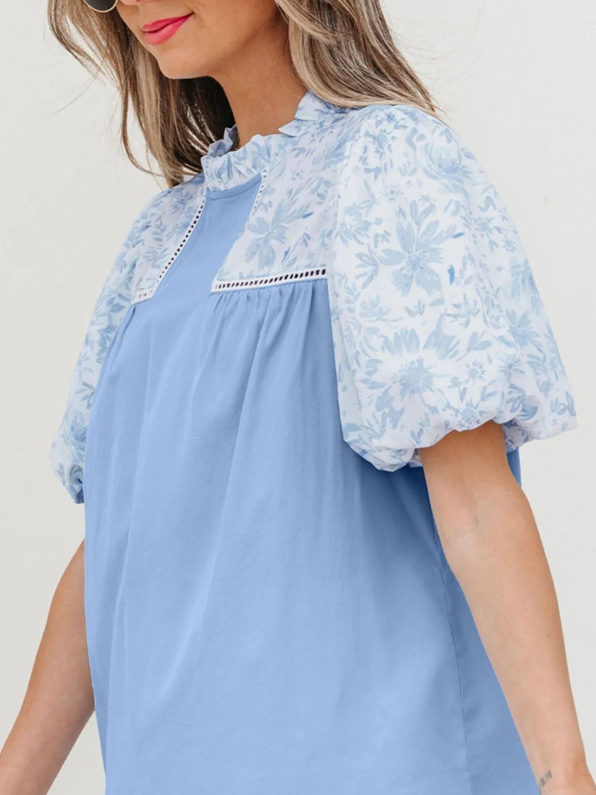 Lace Insert Floral Puff Sleeve Patchwork Loose Blouse