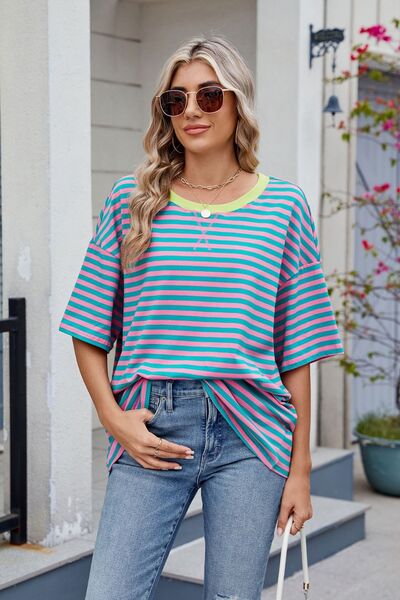 Contrast Striped Round Neck Half Sleeve T-Shirt