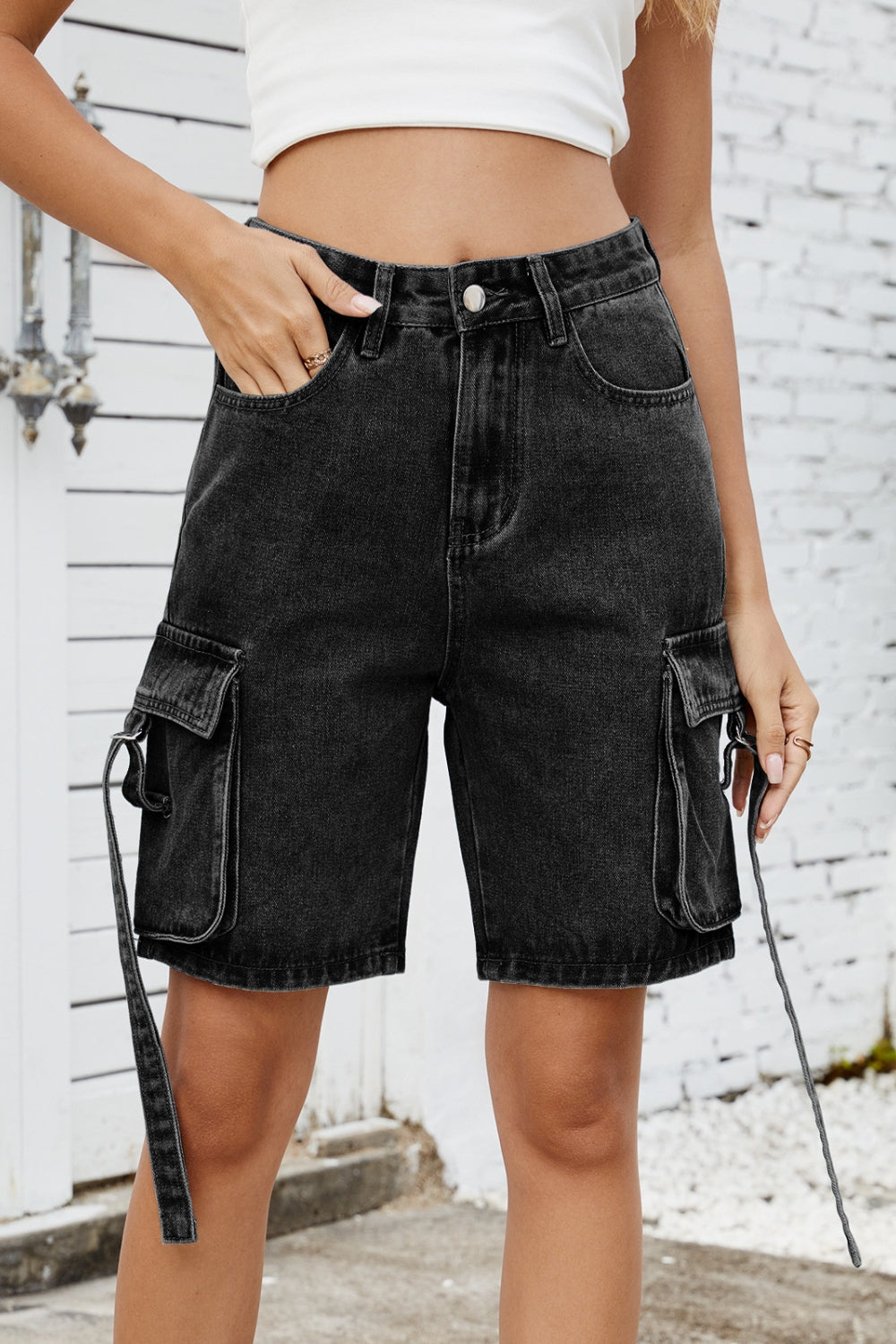 Washed Cargo Denim Shorts