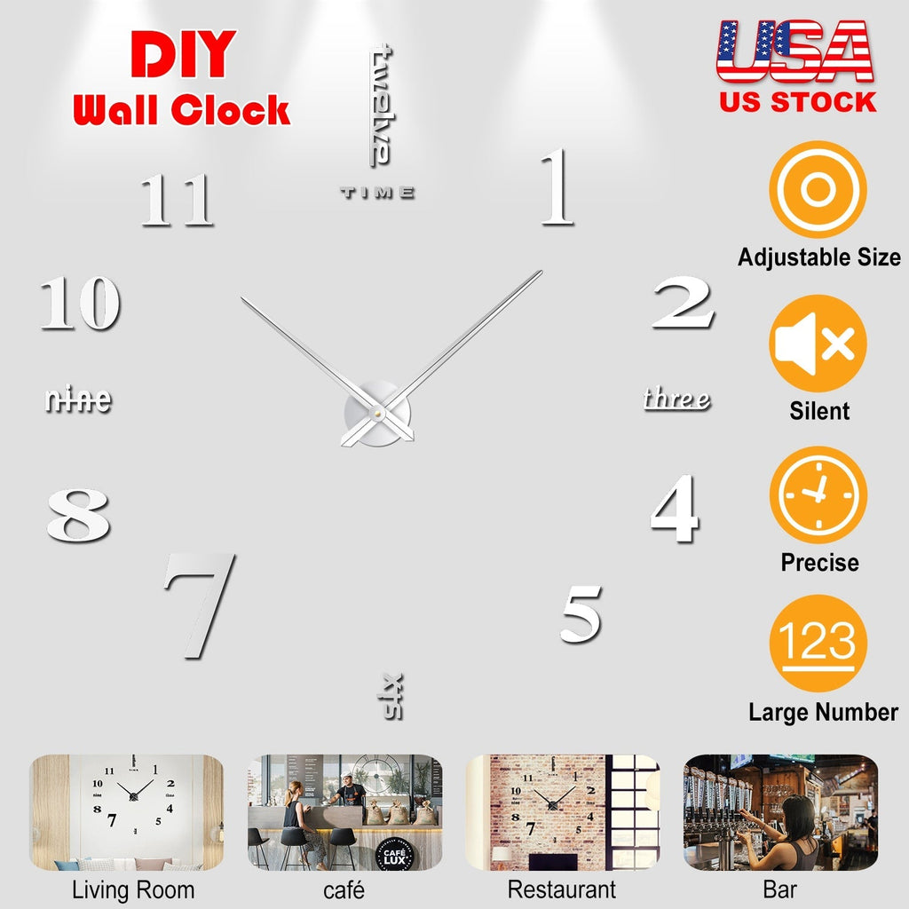 DIY Wall Clock 3D Mirror Surface Sticker Modern Art Wall Clock Home Office Decors Big Number Watch