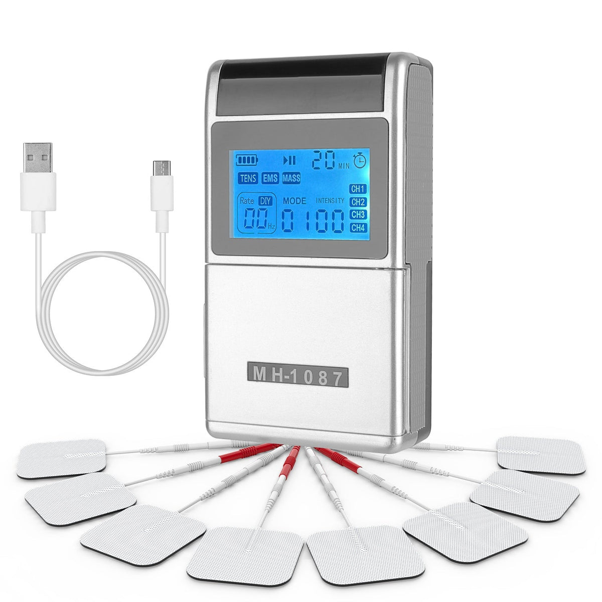 4 Channel TENS Unit Muscle Stimulator Rechargeable Digital TENS Muscle Massager with 48 Modes 20 Intensity Levels 8 Pads Timer