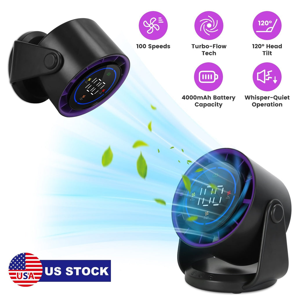 100 Speeds Desk Fan Battery Operated Wall Mounted Fan Rechargeable Mini Desk Fan with 120¼ Tilting Angle for Home Office Travel