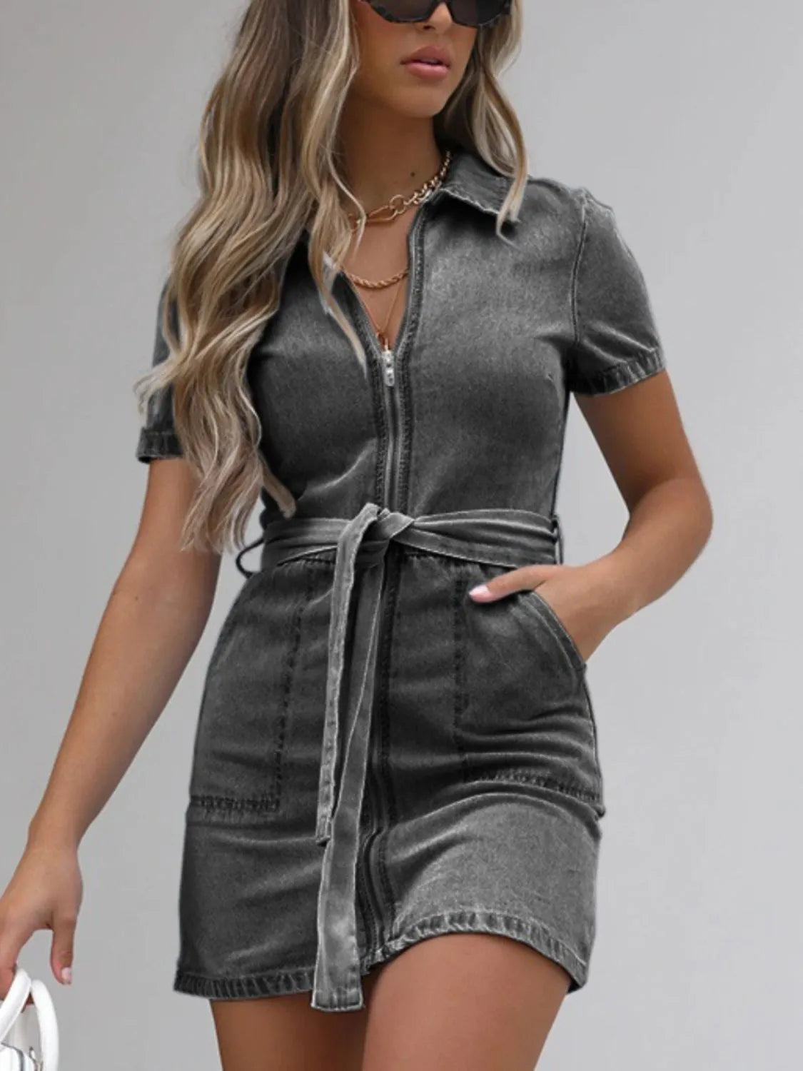 Full Size Zip Front Short Sleeve Denim Dress Plus Size