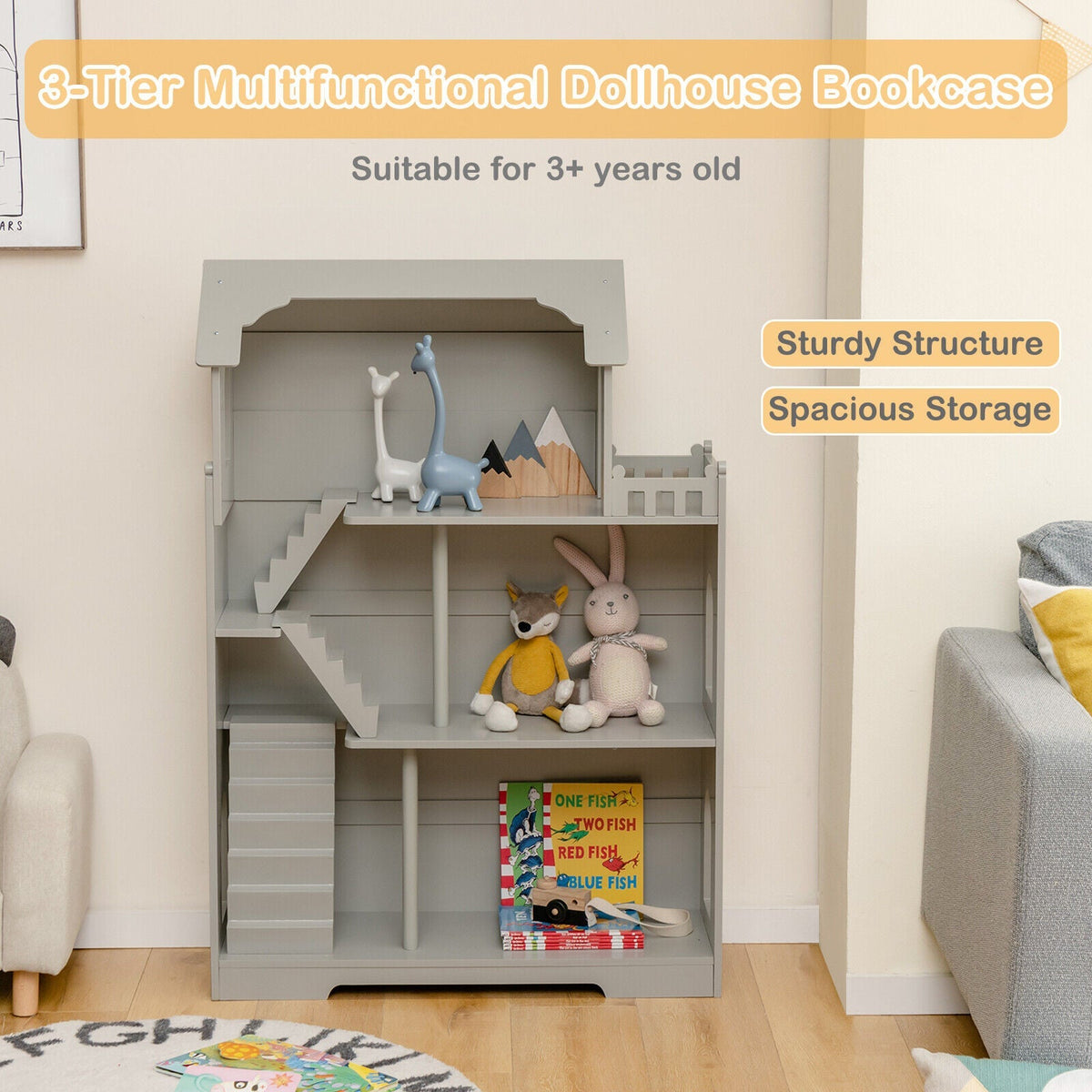 Kids Wooden Dollhouse Bookshelf with Anti-Tip Design and Storage Space