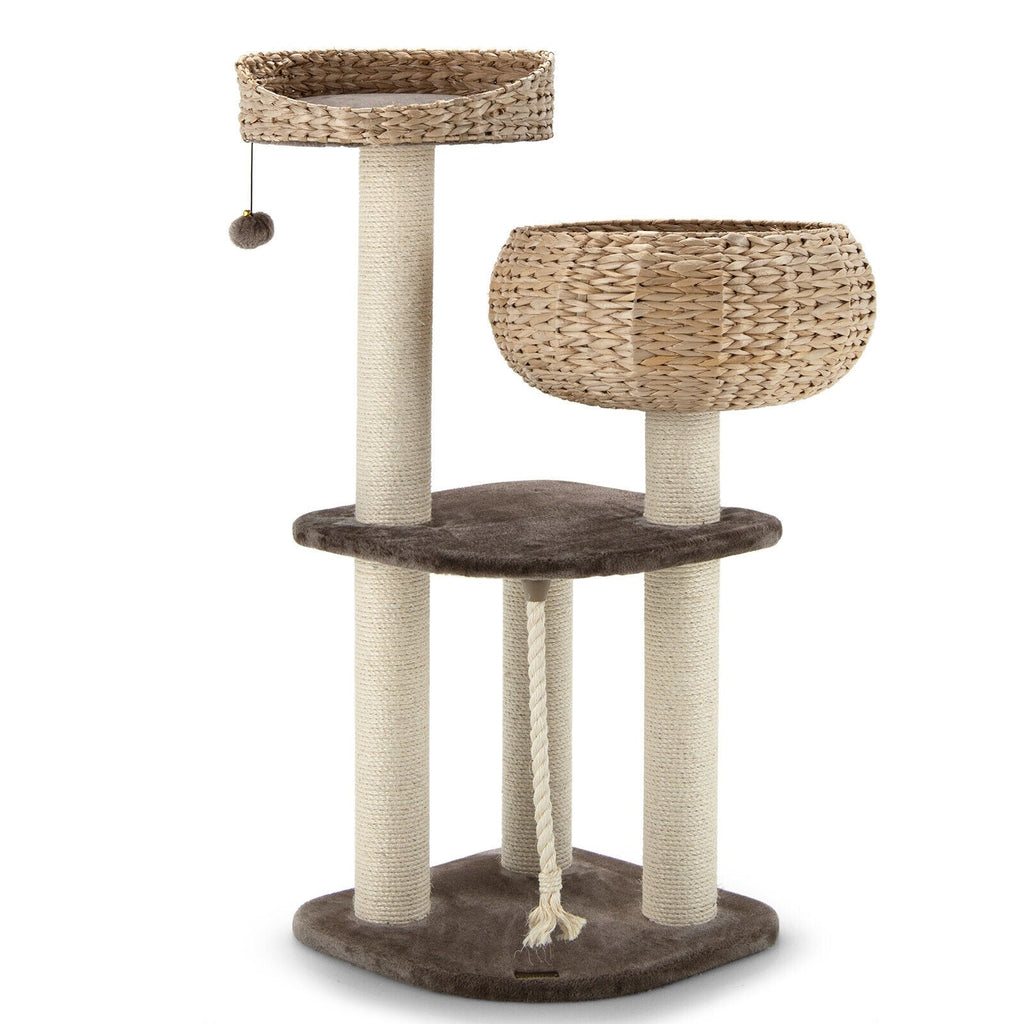 41 Inch Rattan Cat Tree with Napping Perch-Brown