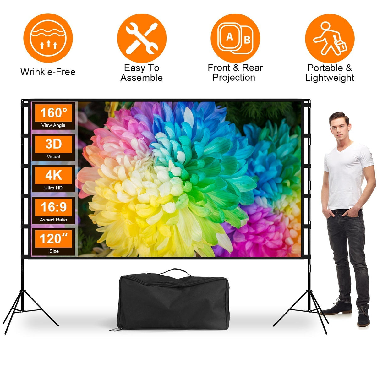 120inch Projector Screen with Stand 16:9 4K HD Rear Front Wrinkle-Free Portable And Foldable Movie Screen with Carry Bag For Indoor Outdoor Home Theat
