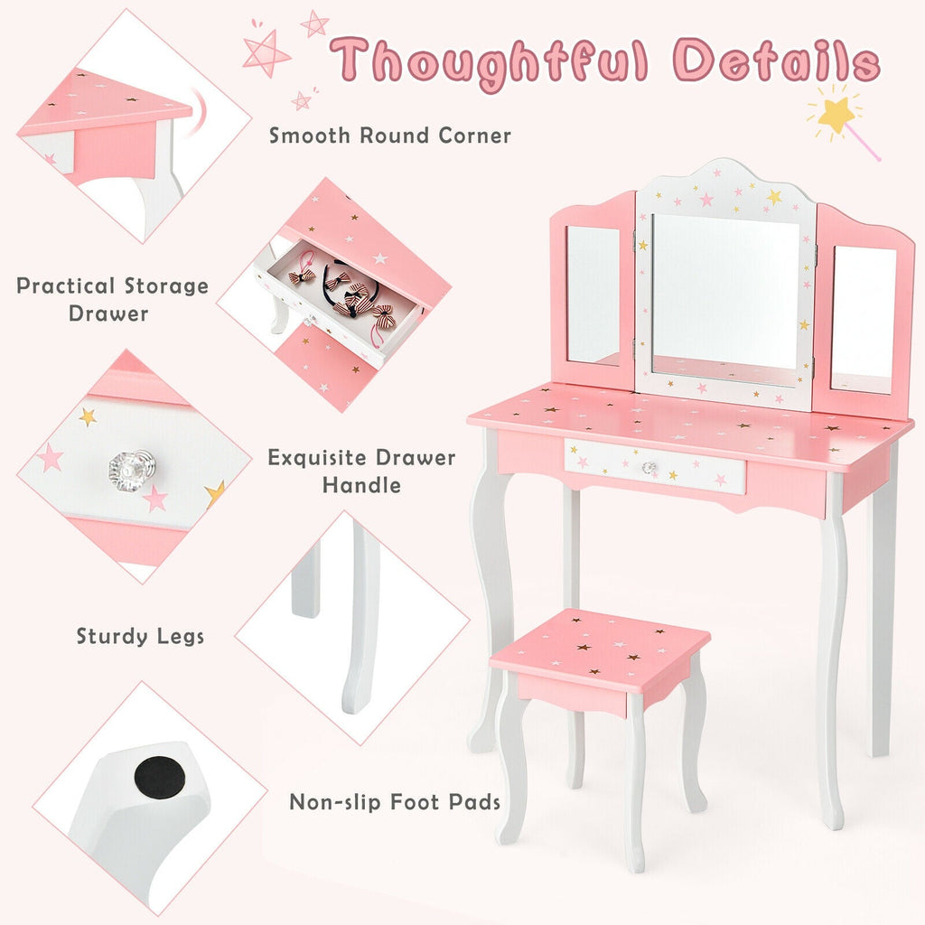 Kids Princess Vanity Table and Stool Set with Tri-folding Mirror and Drawer-Pink