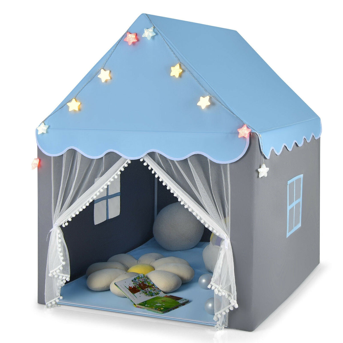Kids Playhouse Tent with Colorful Star Lights and Mat-Blue