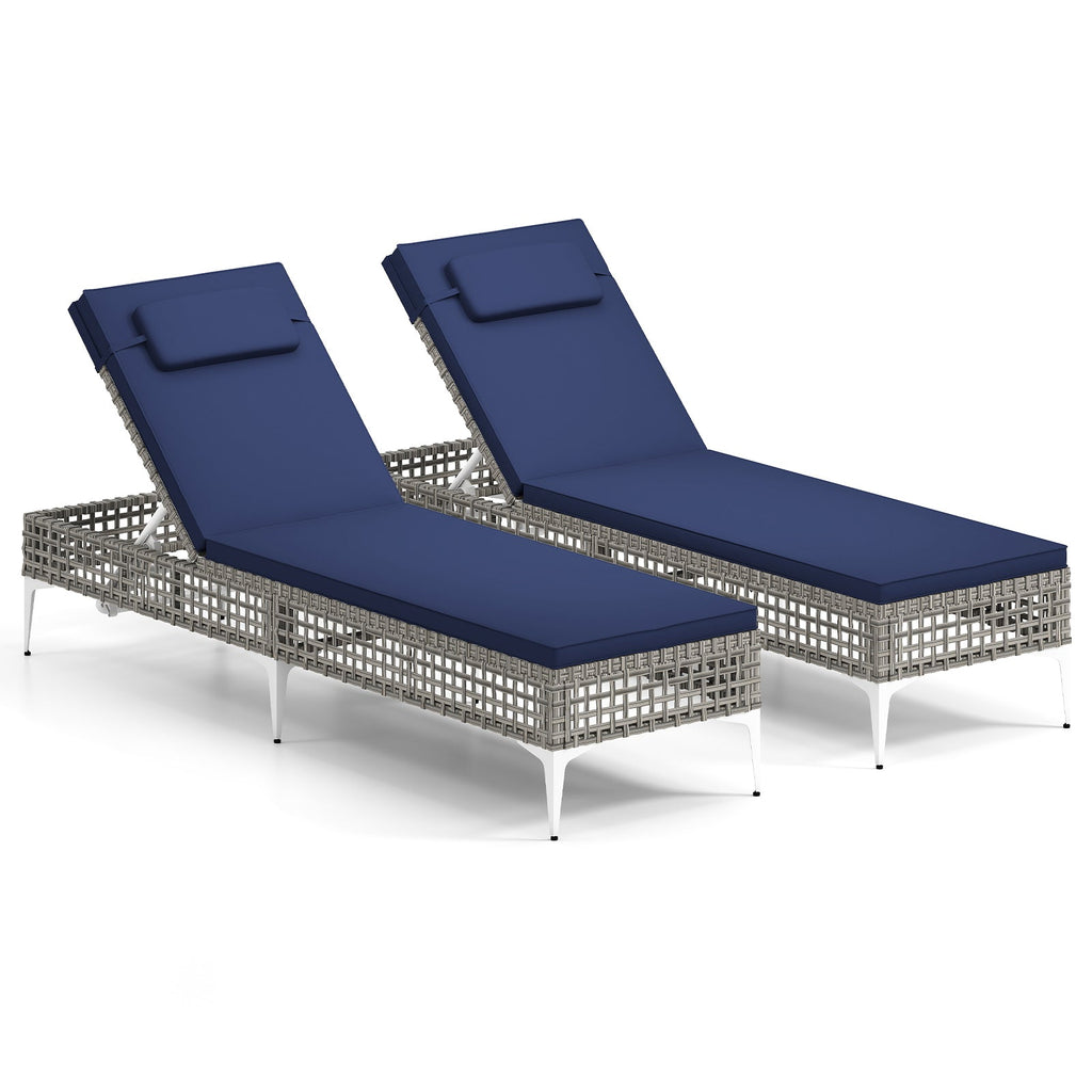 2 Pieces Patio Chaise Lounge Chair with 6-Level Adjustable Backrest and Headrest for Poolside-Navy