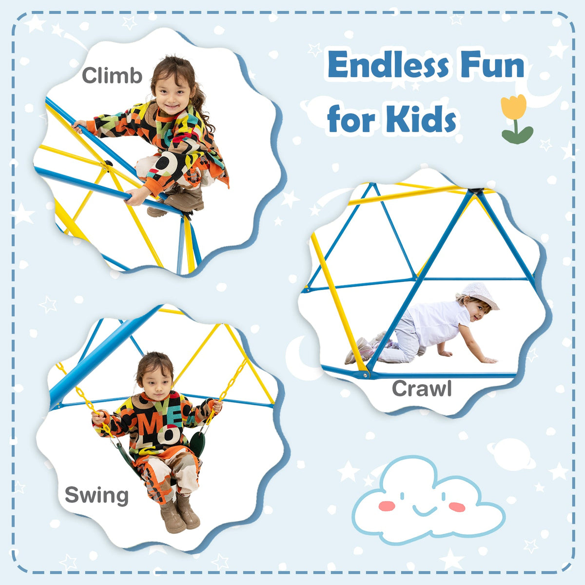 10 Feet Dome Climber with Swing and 800 Lbs Load Capacity-Multicolor