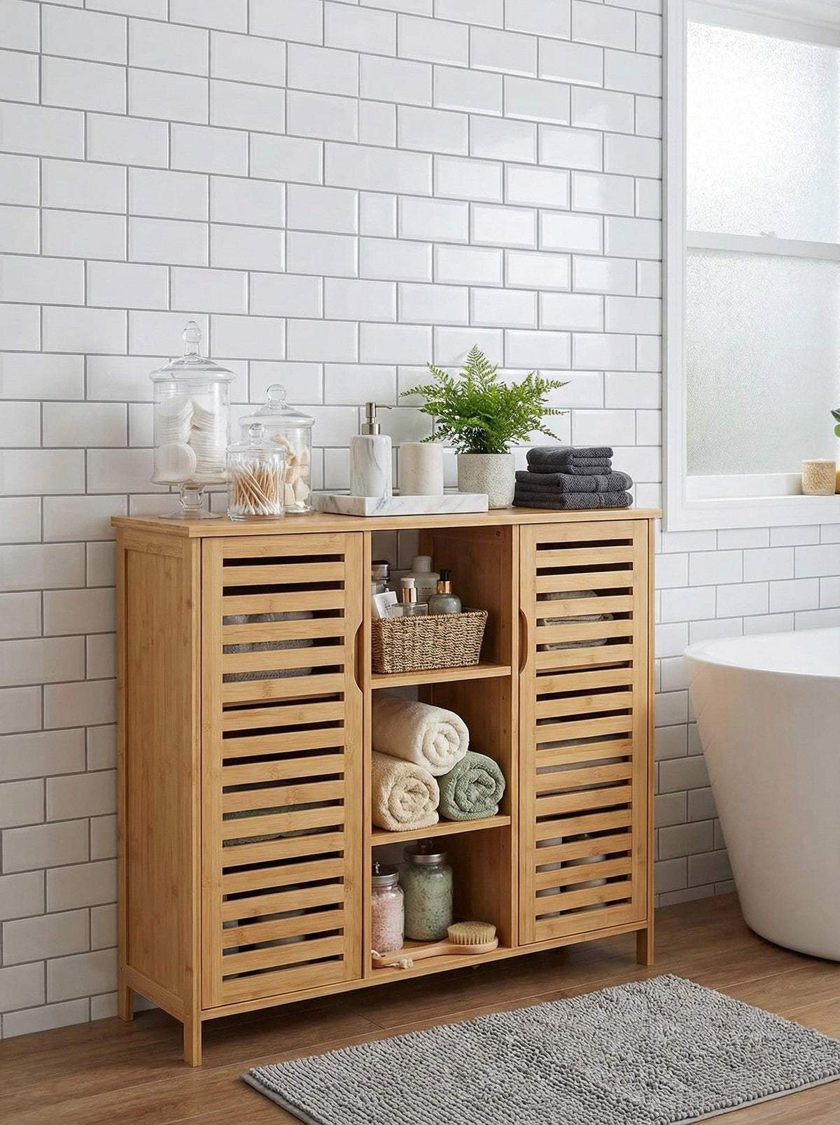 Bamboo 4 Tier Floor Cabinet with Doors, Freestanding Storage