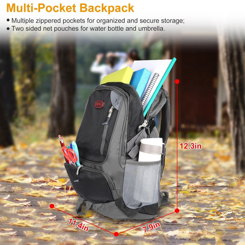 Unisex School Backpack Casual Travel Shoulder Bag W/ Adjustable Straps Dual-Water Bottle Pouch Multiple Zippered Pockets For Gym Sports Travel School