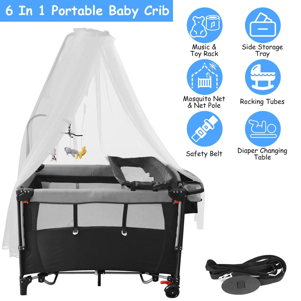 6 In 1 Foldable Baby Crib with Activity Center Diaper Changing Table Mosquito Net Mattress Music Box Toys Storage Tray Baby Bassinet Baby Sleeper