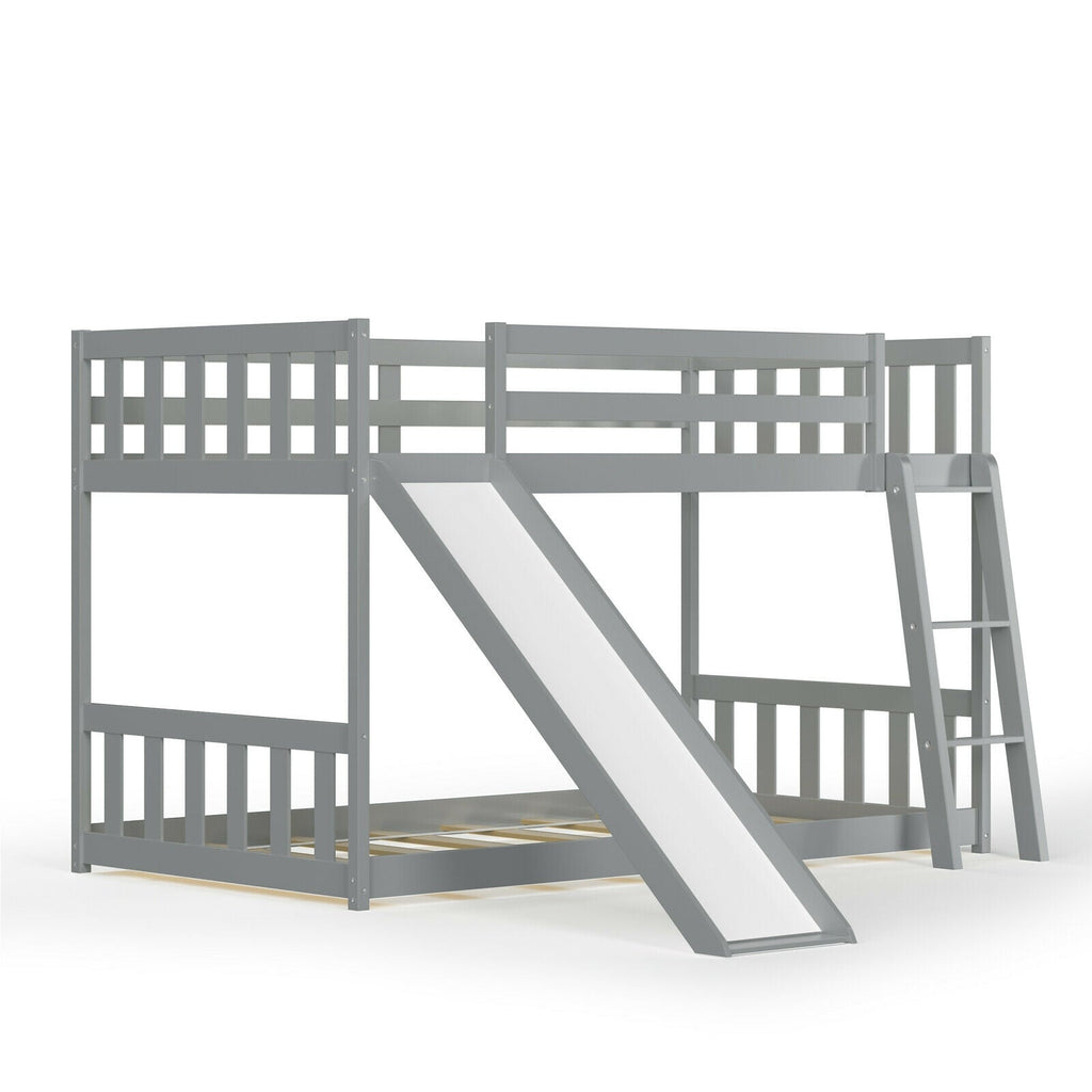 Twin over Twin Bunk Wooden Low Bed with Slide Ladder for Kids