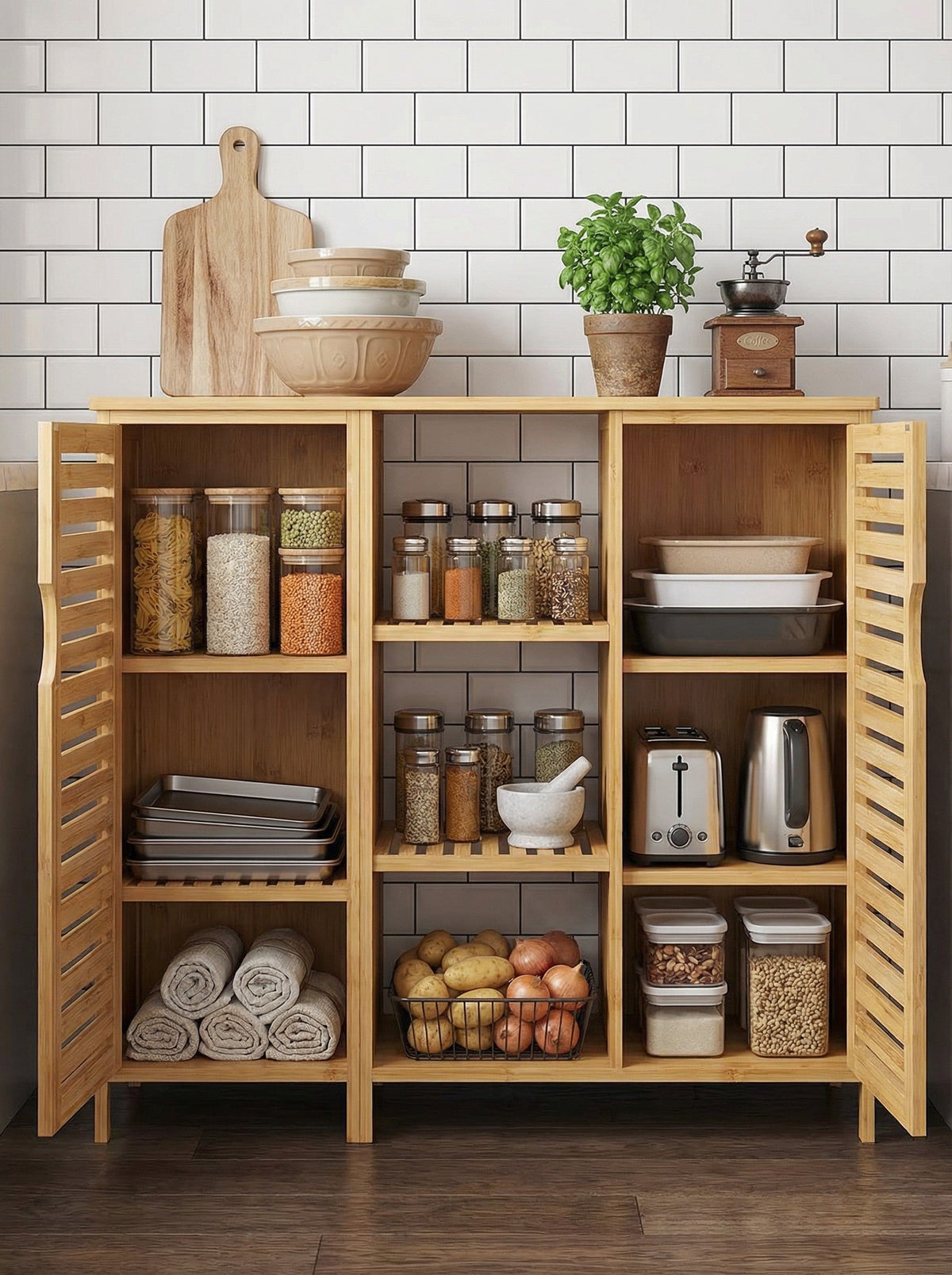 Bamboo 4 Tier Floor Cabinet with Doors, Freestanding Storage