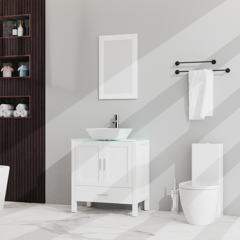 Goodyo 30" Bathroom Vanity and Sink Combo Glass Top Cabinet w/Mirror, White