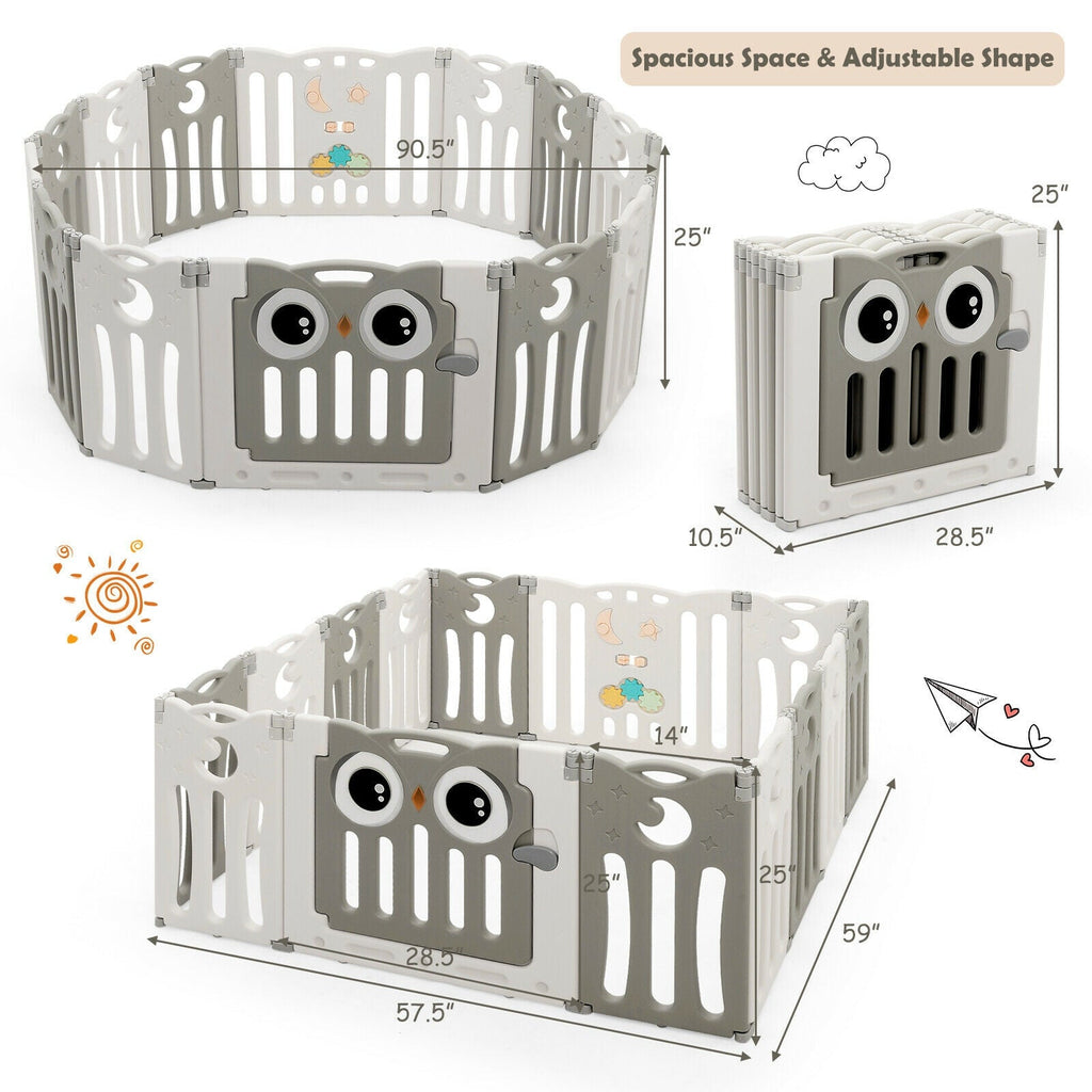14-Panel Baby Playpen Kids Activity Center Foldable Play Yard with Lock Door-Beige