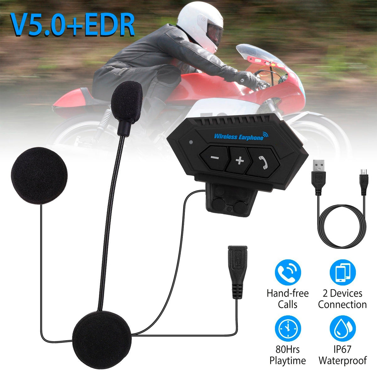 Wireless Headset Speaker Motorcycle Helmet Motorbike Headphone IP67 Waterproof
