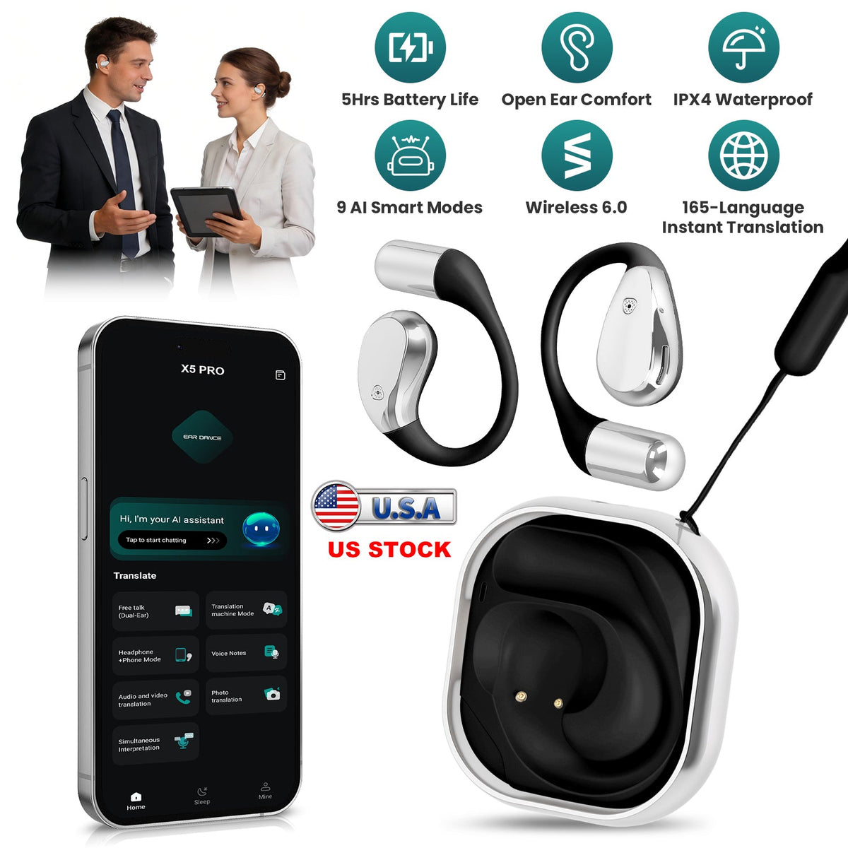 AI Translation Earbuds with 165 Languages & Open-Ear Design