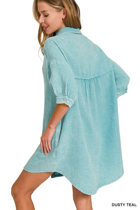 Zenana Washed Double Gauze Button Down Shirt Dress