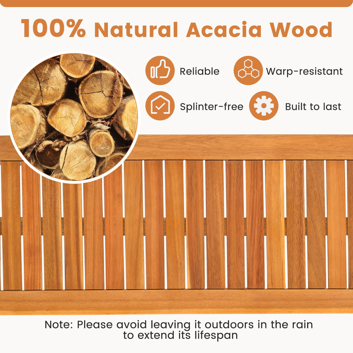 Acacia wood outdoor bench with slatted seat for garden