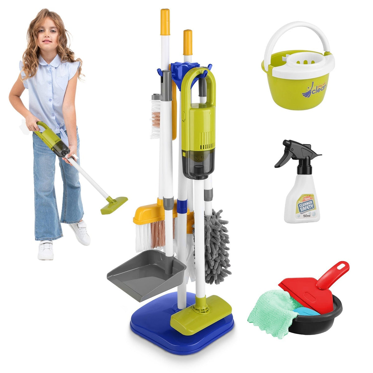 14Pcs Kids Cleaning Toy Set Toddler Housekeeping Pretend Play Kit with Vacuum Cleaner Broom Mop Organization Stand for Boys Girls Aged 3 4 5