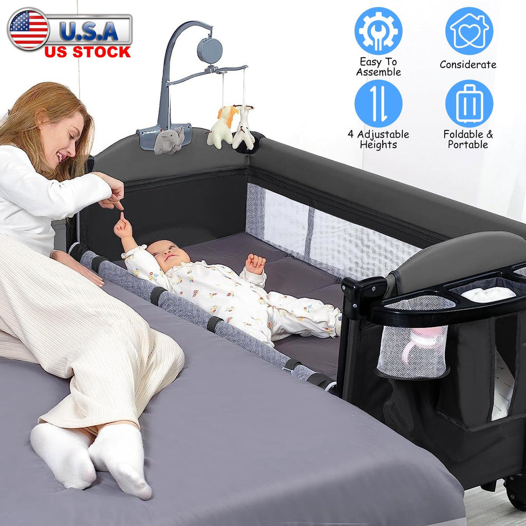 6 In 1 Foldable Baby Crib with Activity Center Diaper Changing Table Mosquito Net Mattress Music Box Toys Storage Tray Baby Bassinet Baby Sleeper