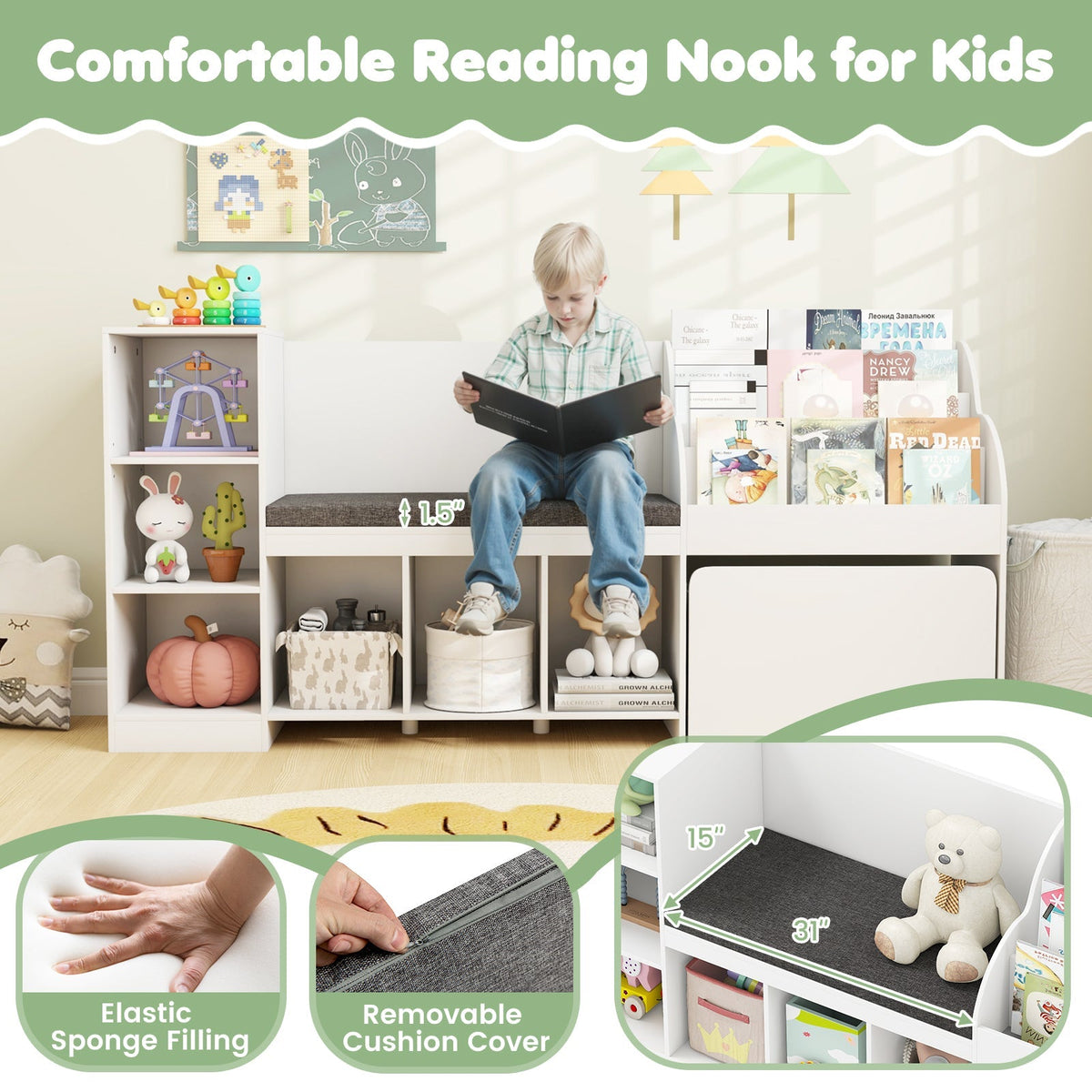 Kids Bookcase with Reading Nook 4-in-1 Standing Toy Organizer-White